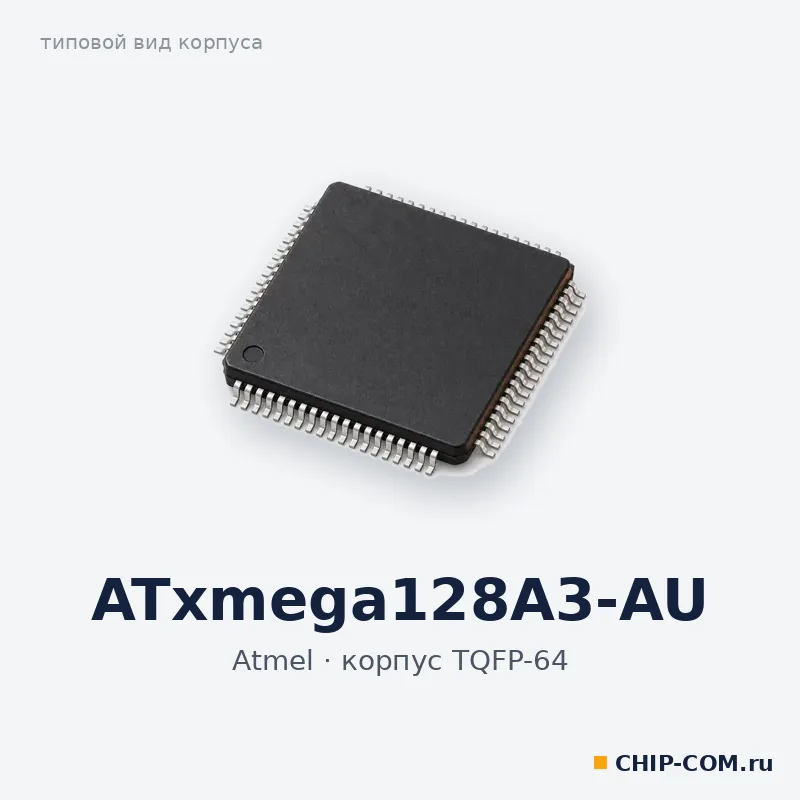 ATxmega128A3-AU, корпус TQFP-64 (типовой вид)