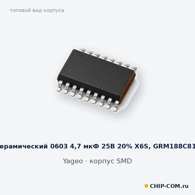 Чип-конденсатор керамический 0603 4,7 мкФ 25В 20% X6S, GRM188C81E475ME11D Murata, корпус SMD (типовой вид)